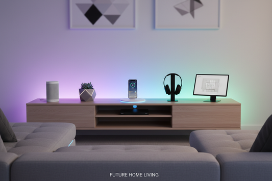 Modern smart home gadgets including RGB lighting, wireless chargers, and privacy detection devices