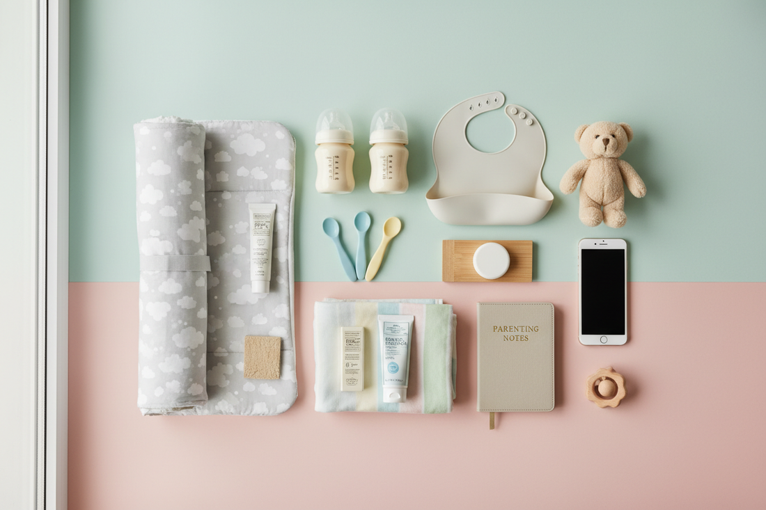 Collection of essential baby products including bottles, diapers, and baby care items for new parents