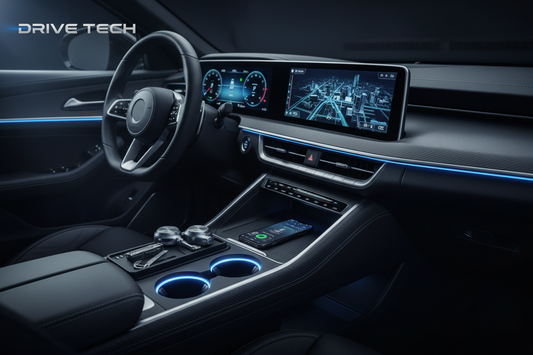 Essential car accessories including smart organizers, wireless chargers, and cup holders for drivers