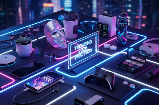 Collection of trending viral products including RGB lights, LED face masks, and wireless charging accessories