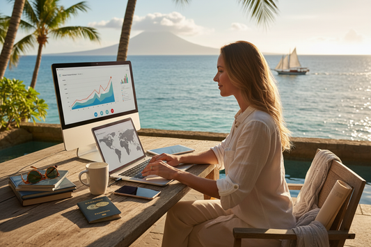 Digital nomad working on laptop while traveling in tropical destination