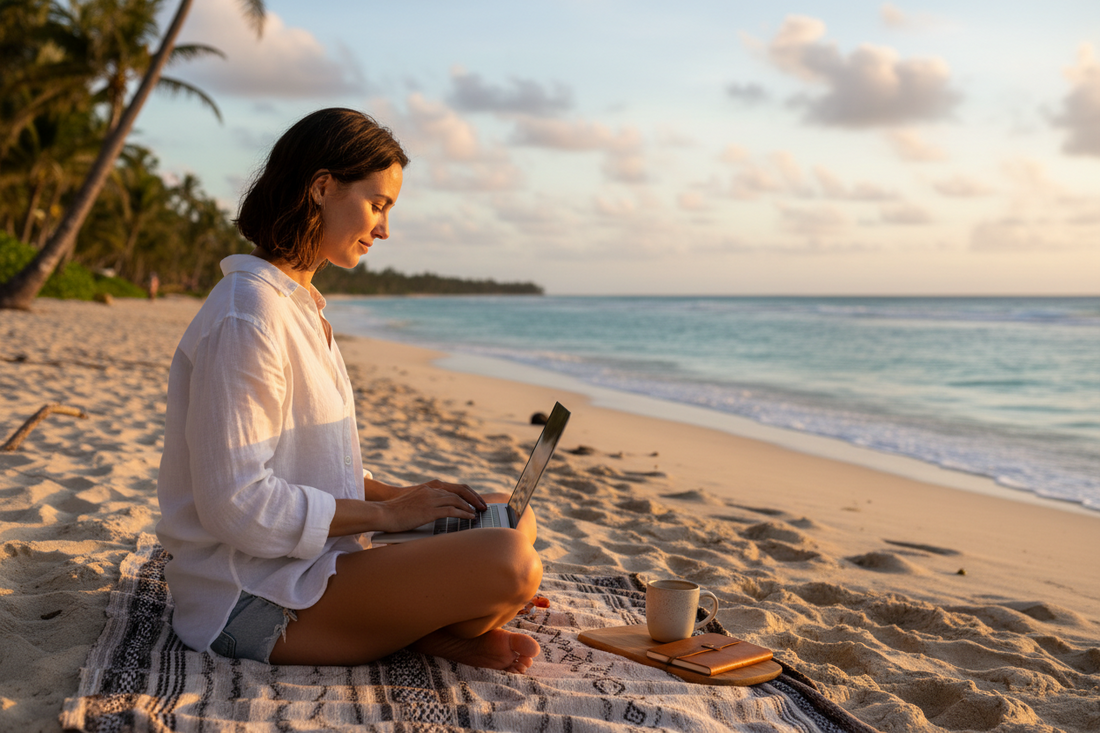 Entrepreneur working on laptop by the beach - representing the location independence and freedom of running a dropshipping business