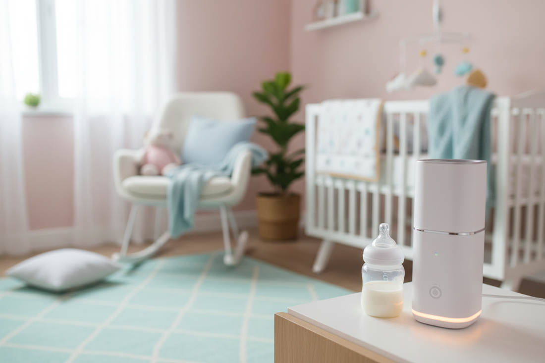 Portable baby bottle warmer in modern nursery with baby bottles - essential parenting product for feeding on-the-go