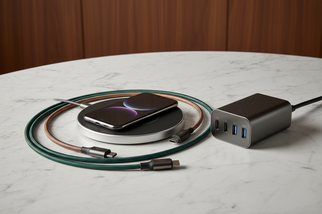 Premium tech accessories including wireless charging pad, braided USB-C cables, and multi-port charger adapter on elegant desk surface with professional studio lighting