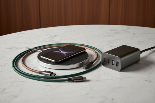 Premium tech accessories including wireless charging pad, braided USB-C cables, and multi-port charger adapter on elegant desk surface with professional studio lighting