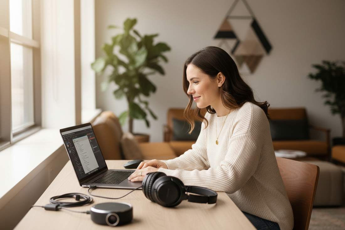 Woman digital nomad working remotely with essential tech gear including laptop, headphones, and portable chargers