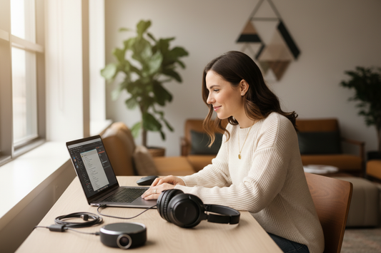 Woman digital nomad working remotely with essential tech gear including laptop, headphones, and portable chargers