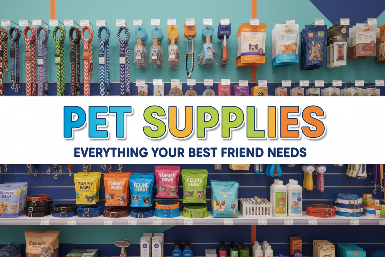 Pet care products including grooming tools, feeding solutions, and pet accessories