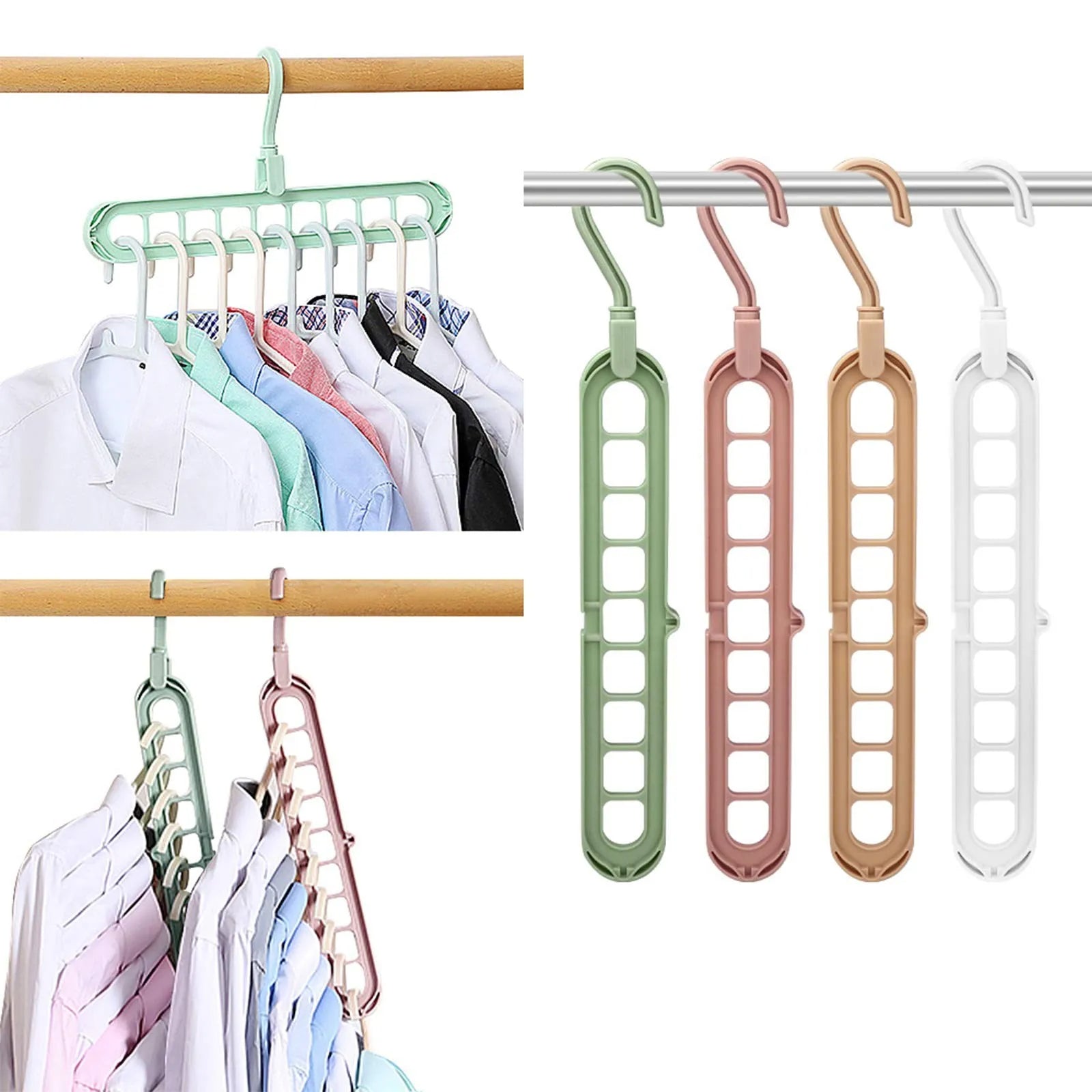 Set of four multi-hook hangers in green, pink, gold, and white on a white background.