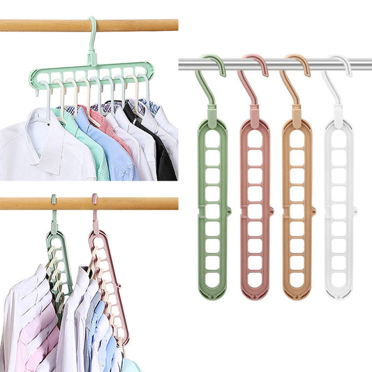 Set of four multi-hook hangers in green, pink, gold, and white on a white background.