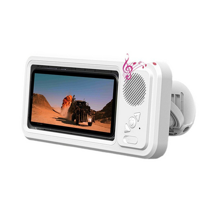 White electronic device with a screen displaying a desert scene on a white background