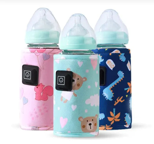 Three baby bottles with colorful sleeves featuring animal patterns on a white background