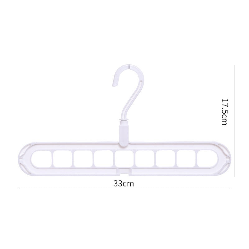 White plastic hanger with multiple hooks and dimensions on a white background