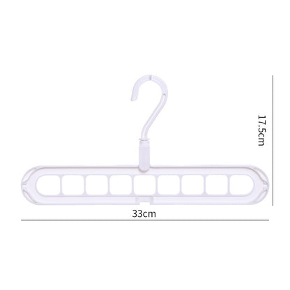 White plastic hanger with multiple hooks and dimensions on a white background