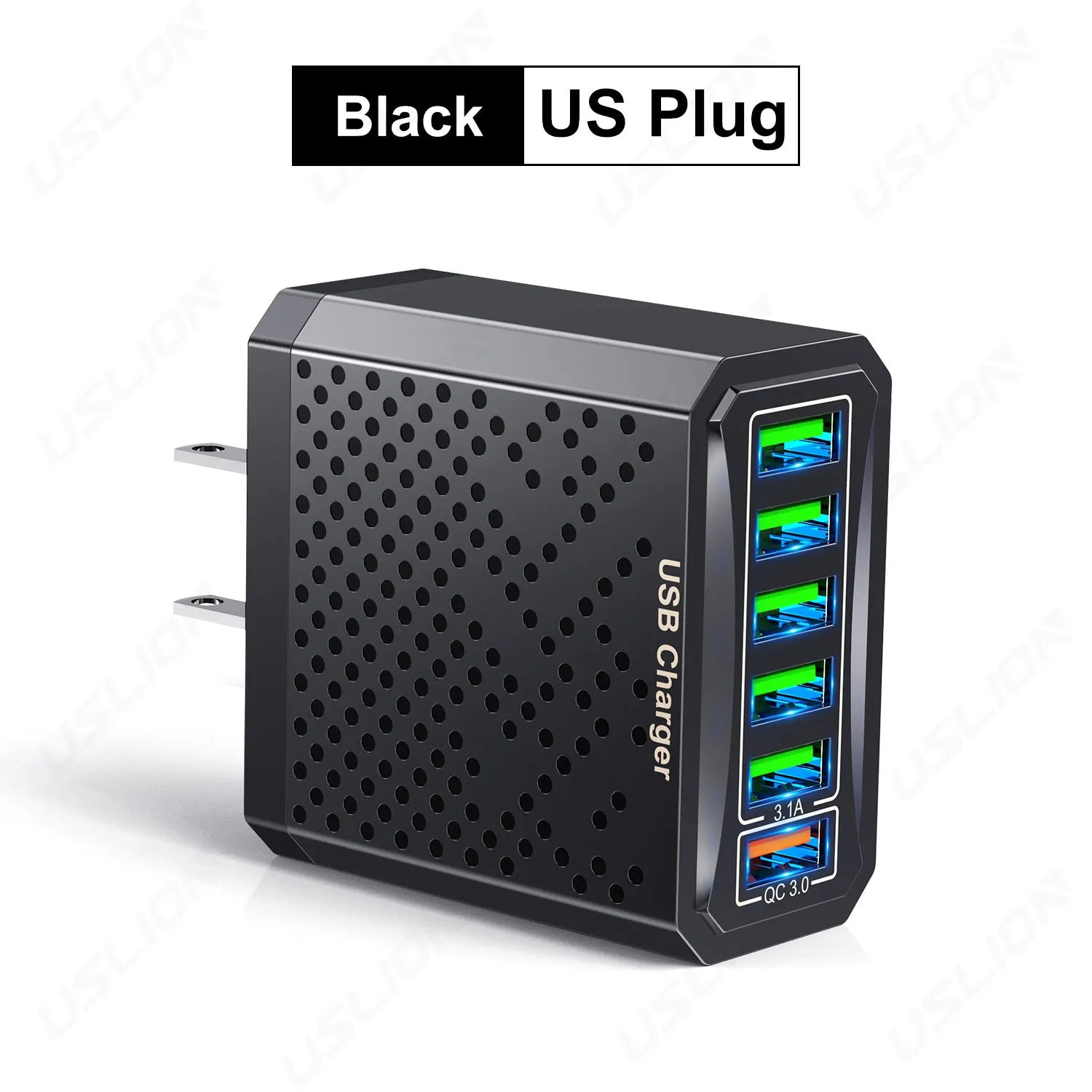 Black USB charger with four ports on a white background