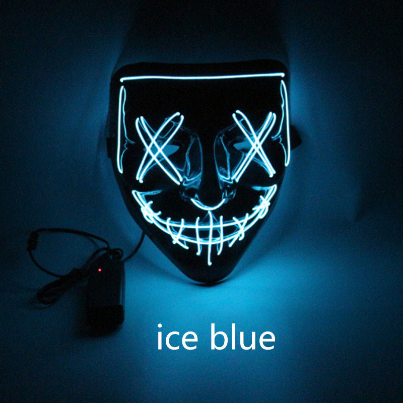 Ice blue LED mask on a dark background