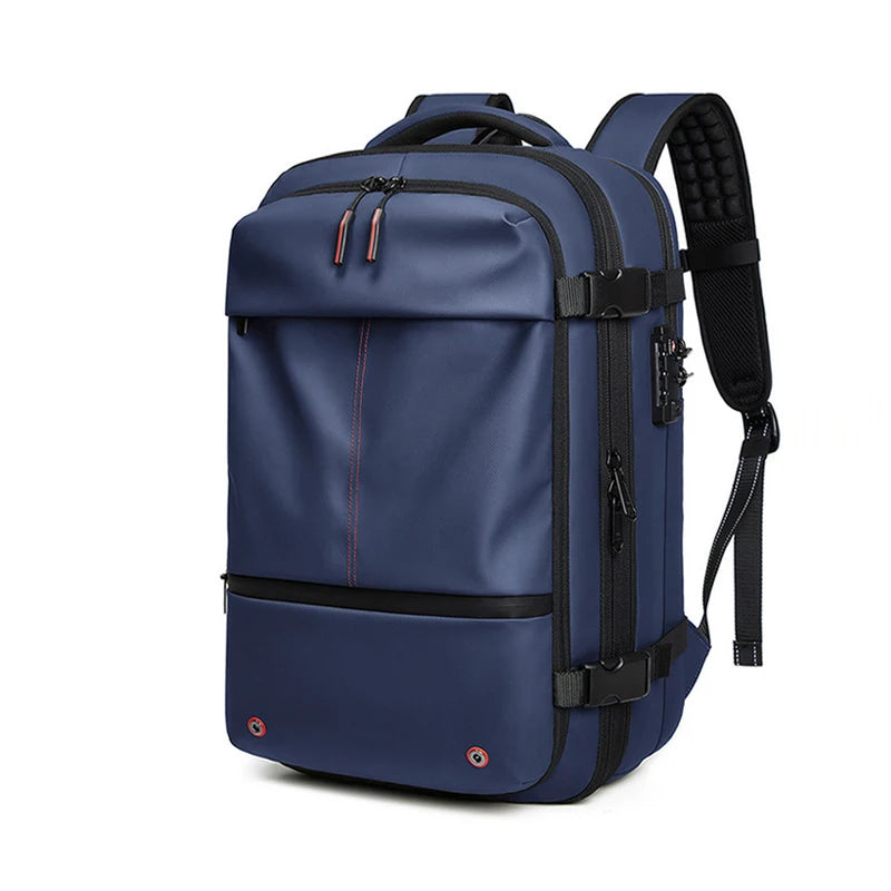 Blue backpack with black straps on a white background