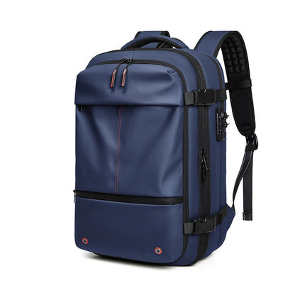 Blue backpack with black straps on a white background