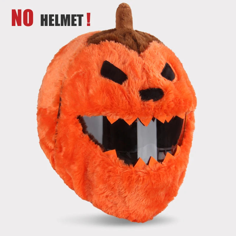 Orange plush pumpkin helmet with black face on a gray background