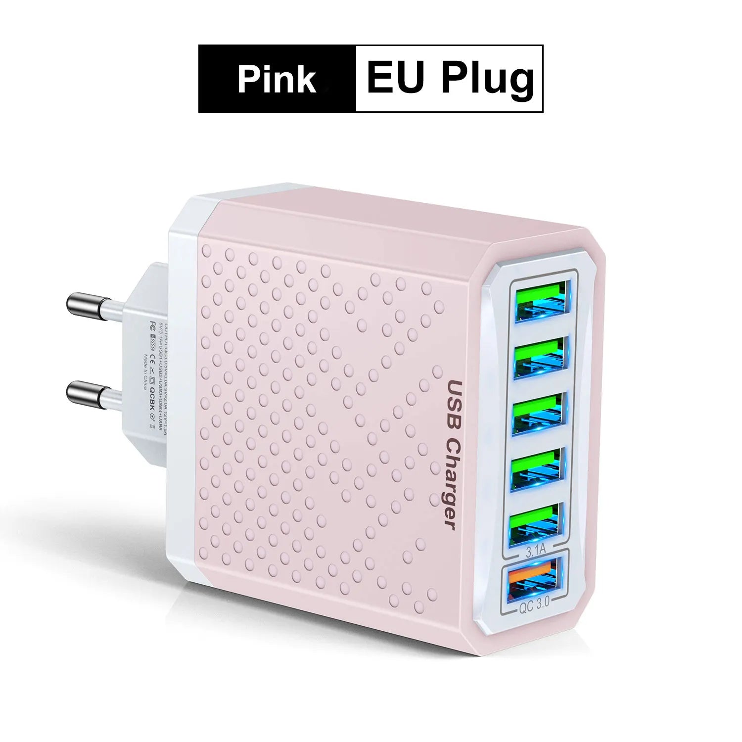 Pink USB charger with multiple ports on a white background