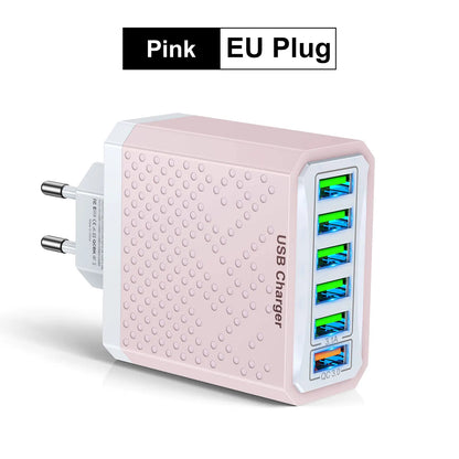 Pink USB charger with multiple ports on a white background
