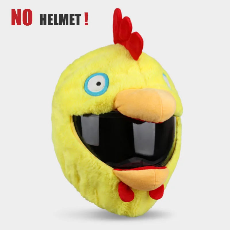 Yellow helmet with chicken design and 'No Helmet!' text on a white background