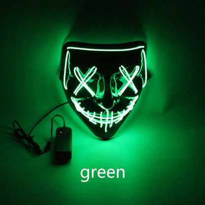 Green LED mask with power adapter on a green background