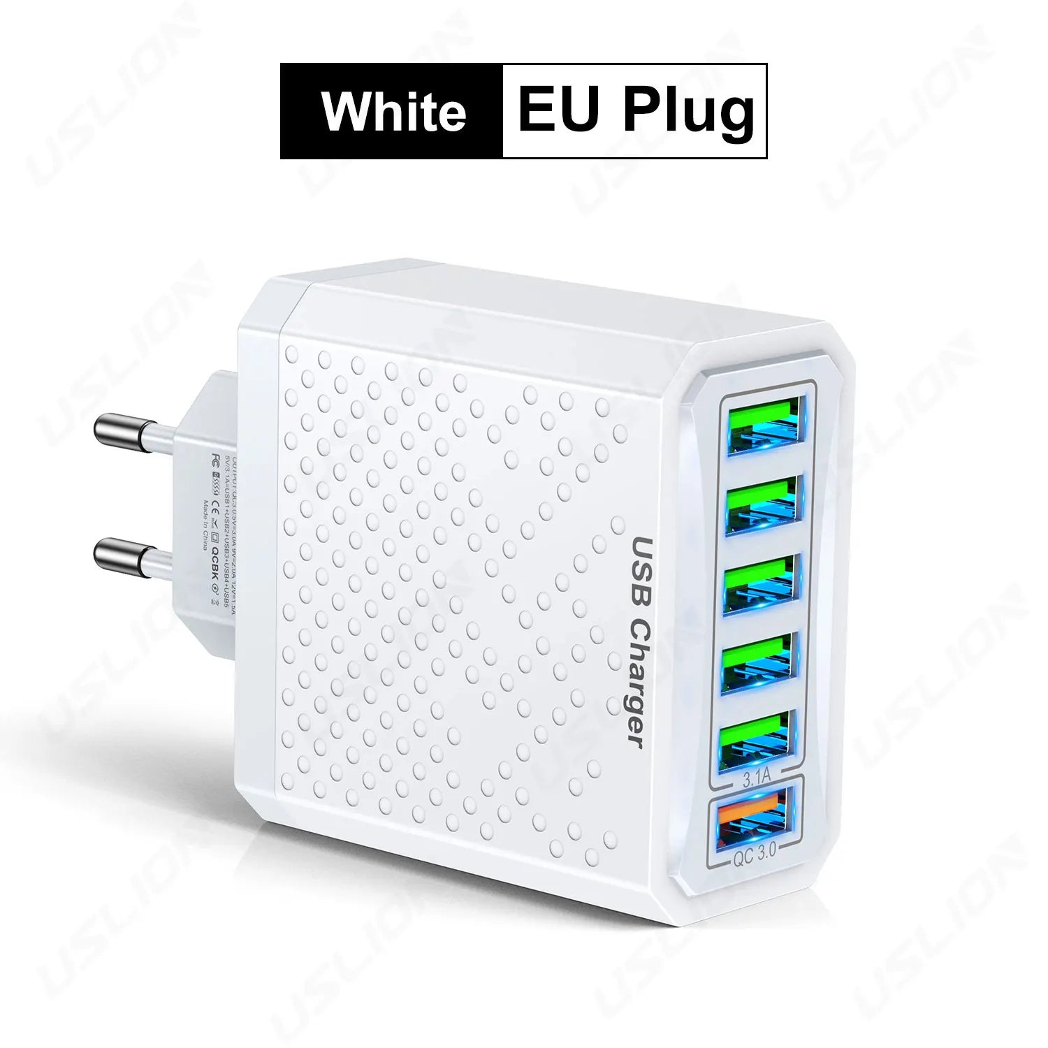 White USB charger with four ports on a white background