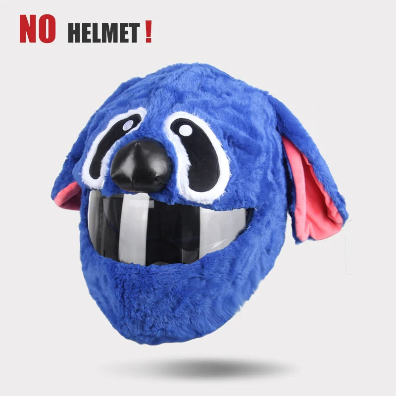 Blue plush helmet with cartoon face design on a gray background