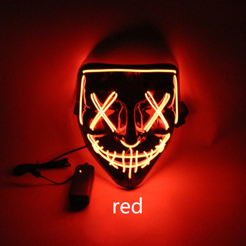 Halloween-themed LED mask glowing red on a dark background