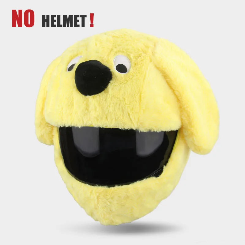 Yellow plush helmet with black visor and text 'NO HELMET!' on a light gray background