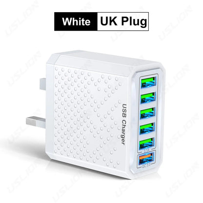 White USB charger with multiple ports on a white background