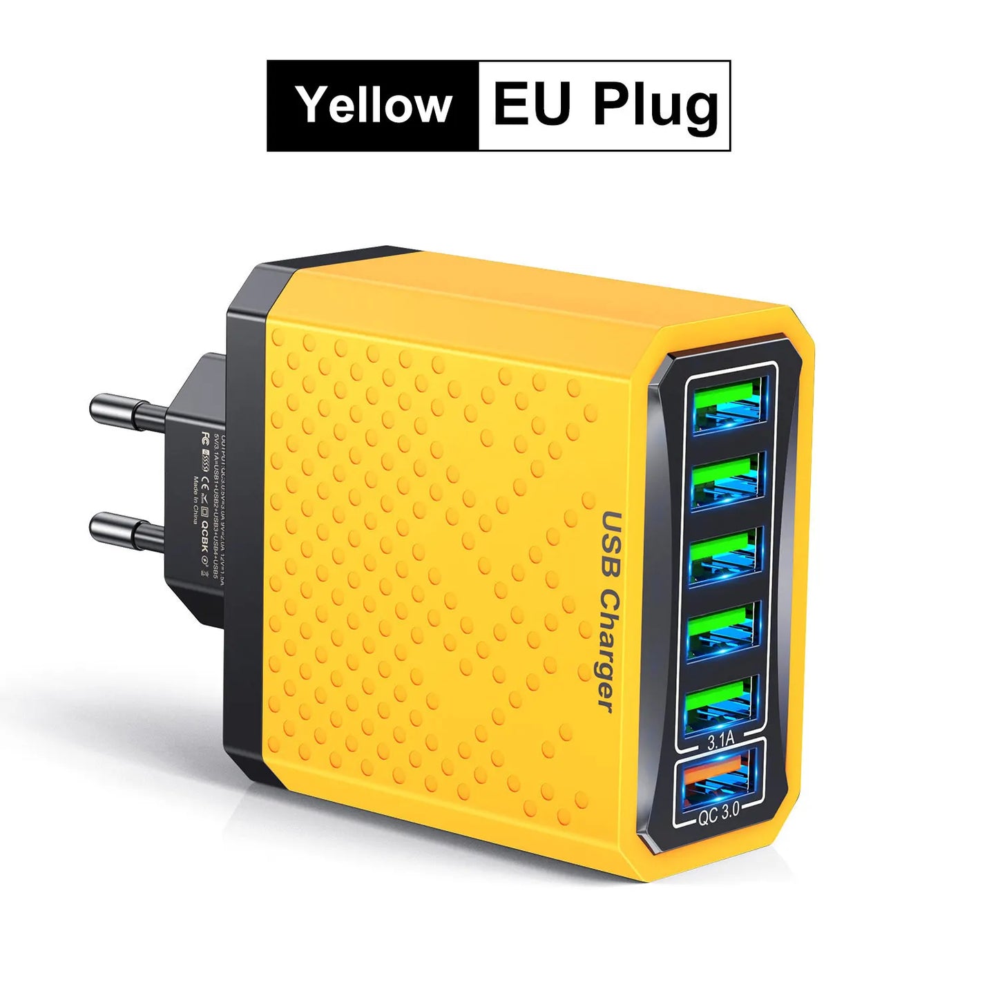 Yellow USB charger with multiple ports on a white background