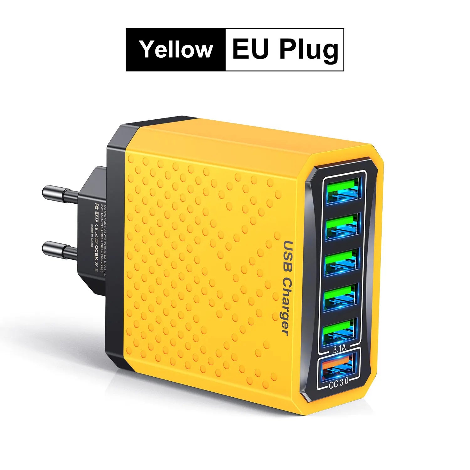 Yellow USB charger with multiple ports on a white background