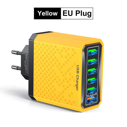 Yellow USB charger with multiple ports on a white background