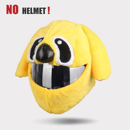 Yellow plush dog toy with a black nose on a gray background