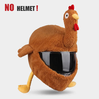 Plush chicken helmet cover with 'No Helmet!' text on a light gray background