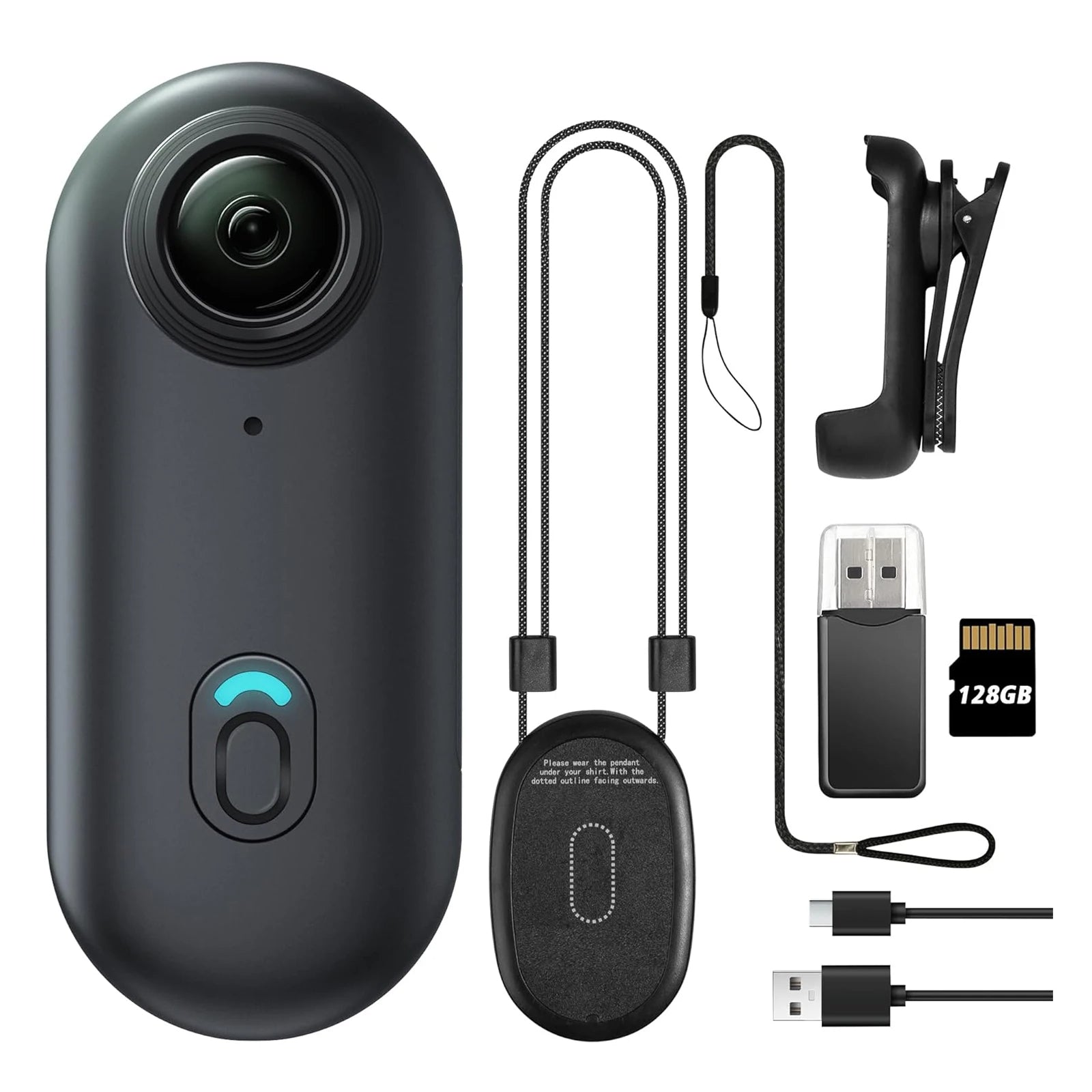 Black 360-degree camera with accessories on a white background