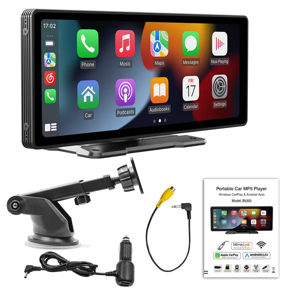 Portable car MP5 player with screen, mount, and accessories on a white background