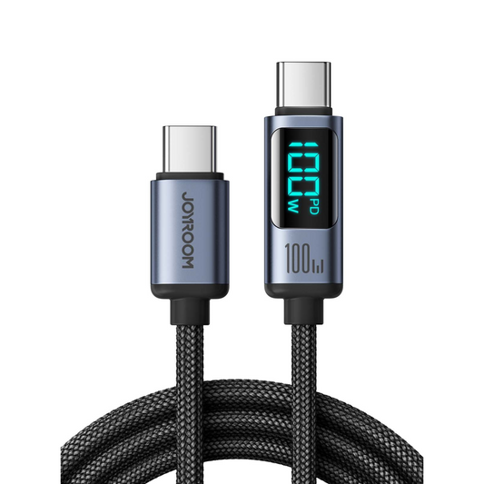 Black charging cable with digital display on a white background