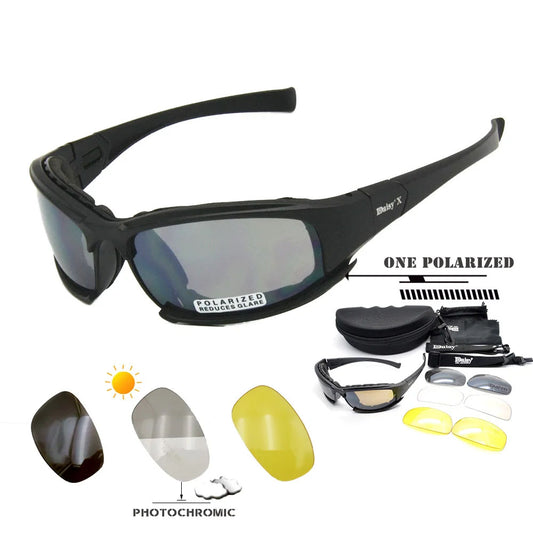 Black sunglasses with interchangeable lenses and case on a white background