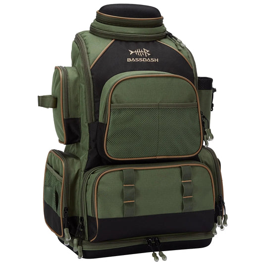 Green and black fishing backpack with 'Bassdash' logo on a white background