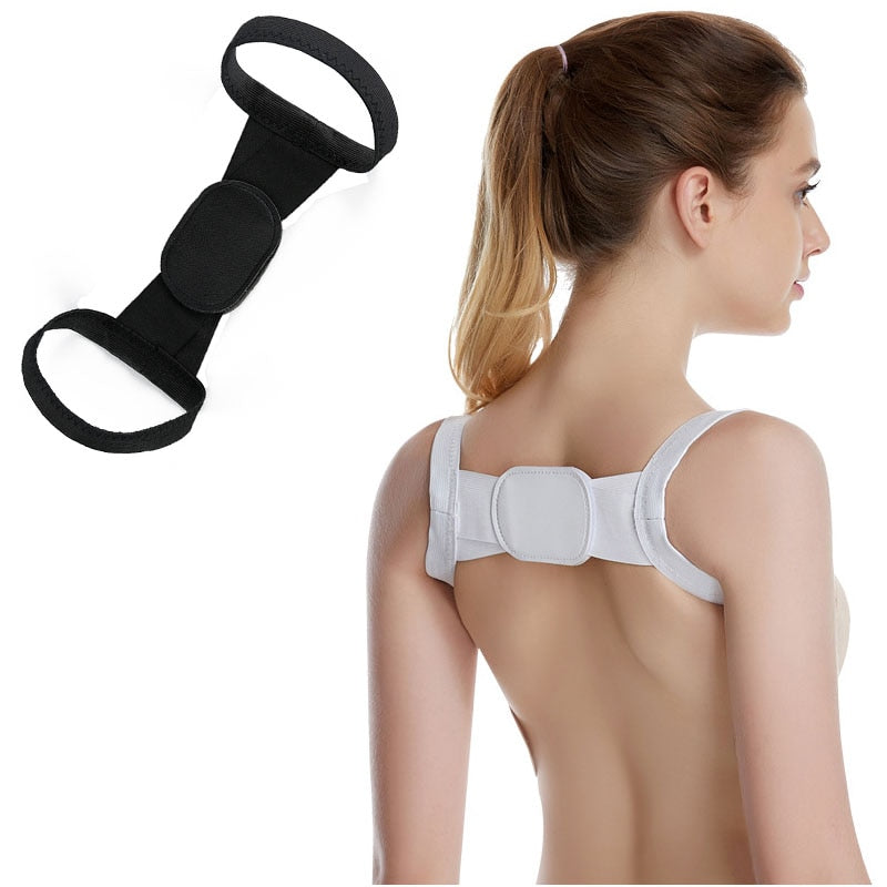 Woman wearing a white posture corrector with a close-up of the black strap on a white background.