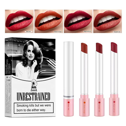 Lipstick set with packaging featuring a quote and close-up of lips wearing the lipstick.
