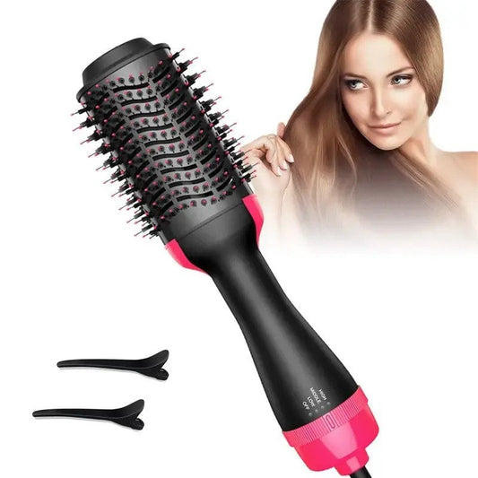 Hair styling tool with pink and black design, featuring a woman with styled hair.