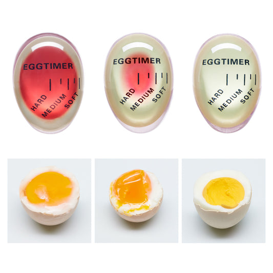 Three egg timers with color indicators and images of eggs showing different levels of doneness.