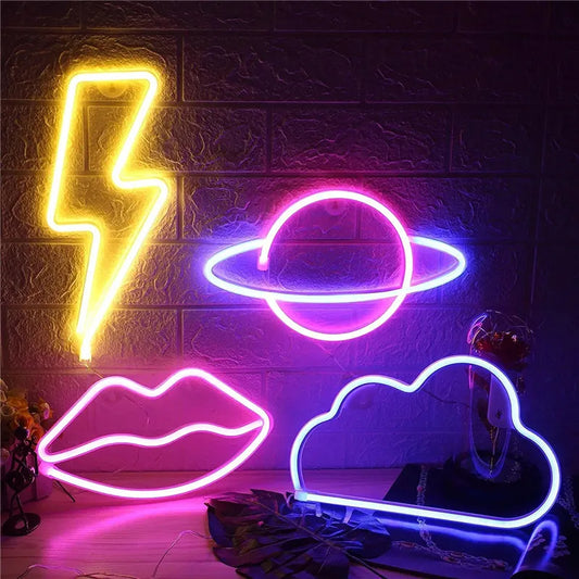 Neon signs of a lightning bolt, planet, lips, and cloud on a textured wall.