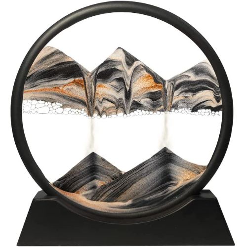 Marble-like sculpture with a black circular frame on a white background