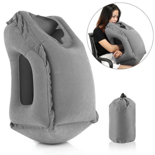 Gray travel pillow with a woman using it in an office chair and the pillow shown in a folded pack.