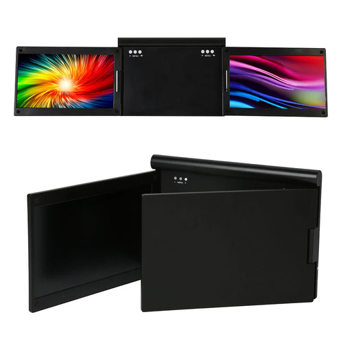 Black electronic device with colorful screens on a white background